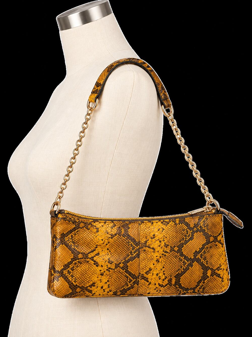 Zara 100% Cow Leather Python Print Chain Shoulder Bag - Mustard - Y2K